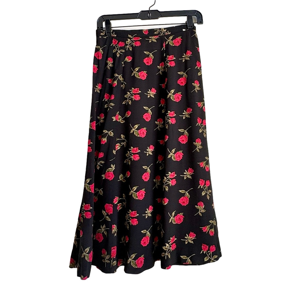 Susan Bristol Vtg ROSE PRINT Cottagecore Roses Black & Red Floral Maxi Skirt XS
